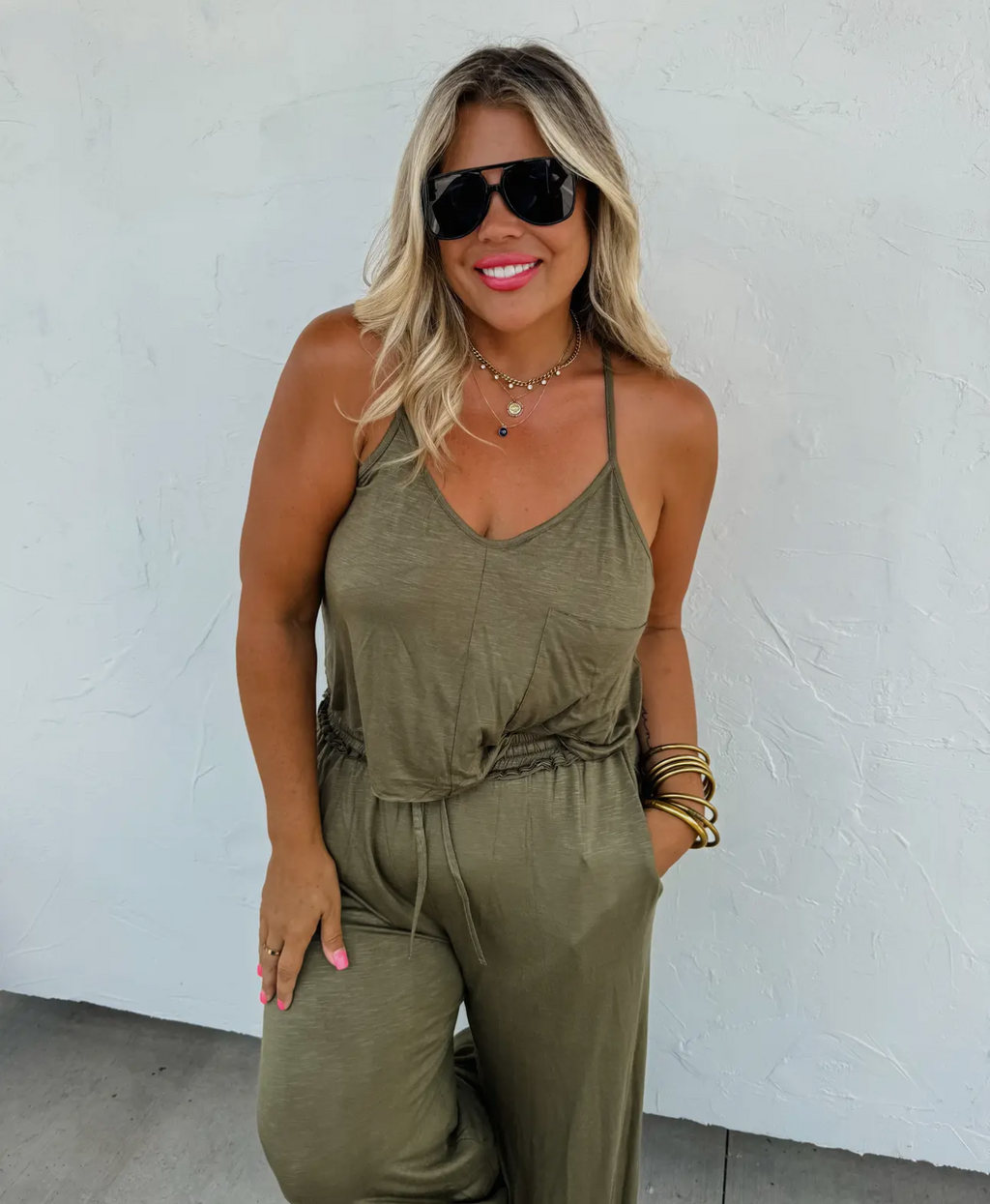The Olivia lounger. Olive green lounge pant and tank.