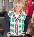 The Aggie Cardi. ￼Green and Pink Argyle cardigan