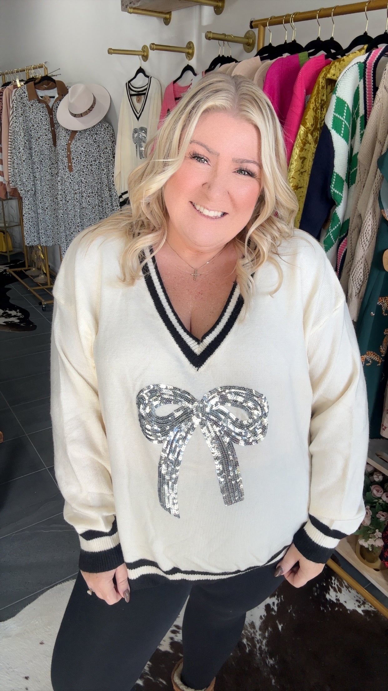 The Cindy Holiday Sweater. Sequin bow v-neck sweater