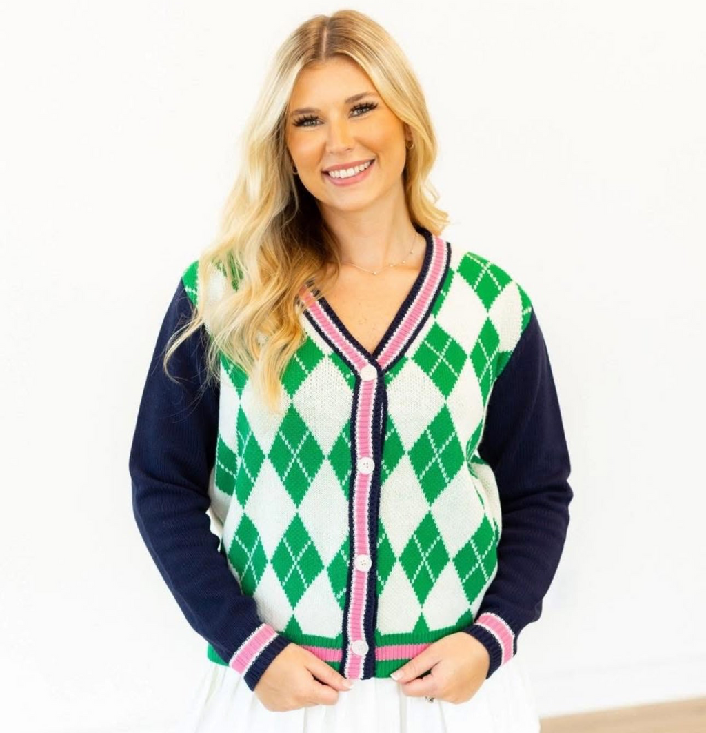 The Aggie Cardi. ￼Green and Pink Argyle cardigan